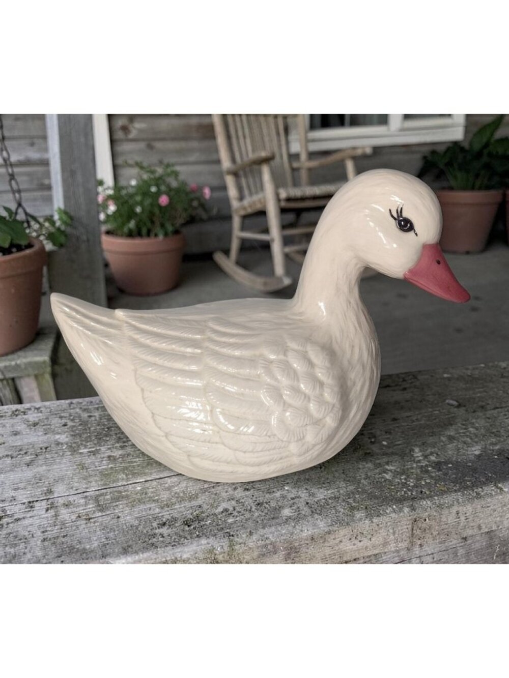 Vtg Handpainted Ceramic Duck Figurine Statue White Kitsch 11" Farmhouse Decor